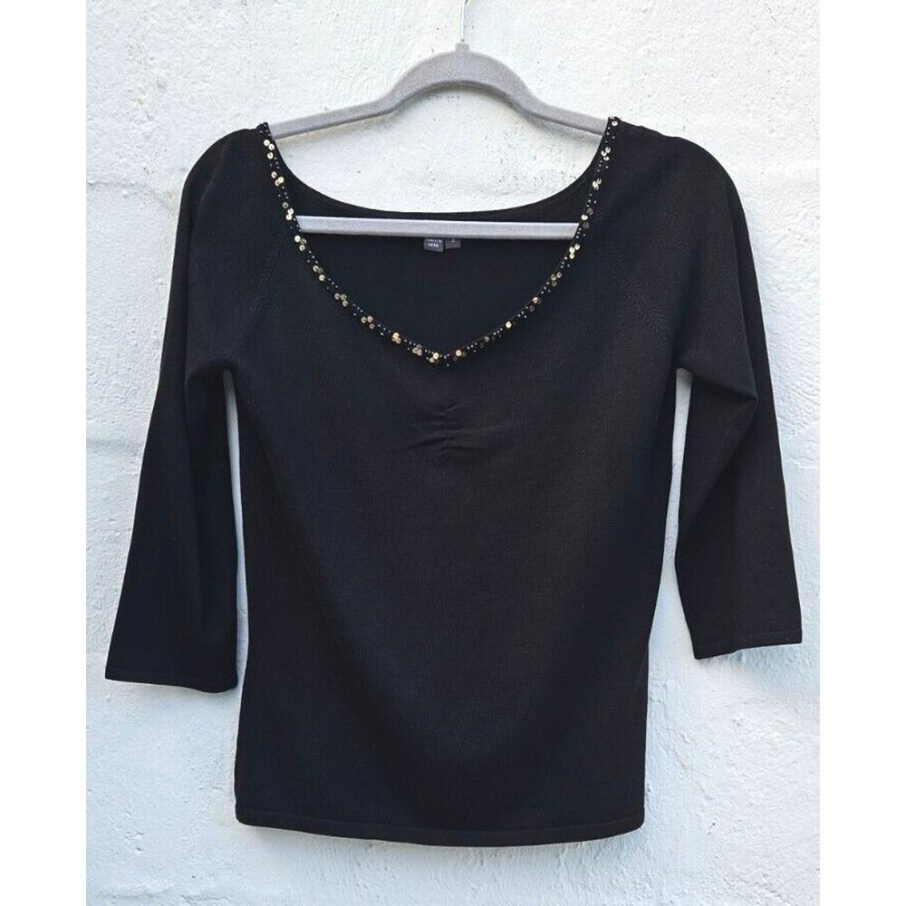 Muse Vintage 90s Top Womens 8 Med Black Silk Nylon Stretch V Neck Sequin Shirt